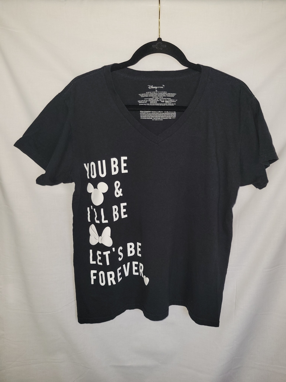 Disney Black V-Neck Tee with White Text & Icons